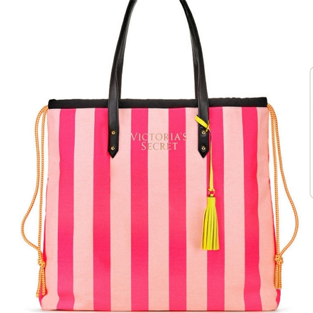 NWT Victoria’s Secret Stripe Neon Weekender Beach Bag Drawstring Travel Tote